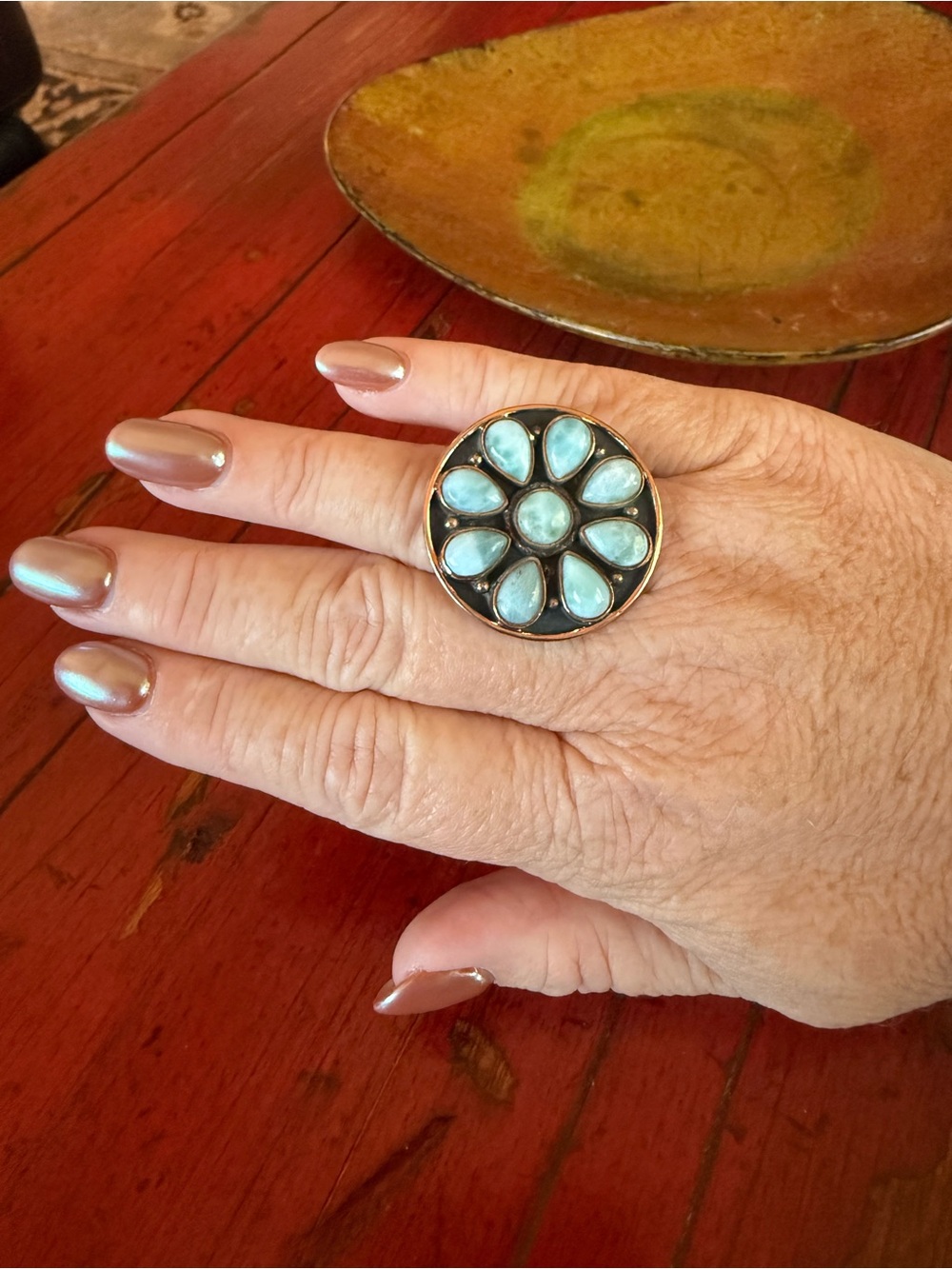 Copper and Larimar southwest ring, Adjustable artisan handmade.